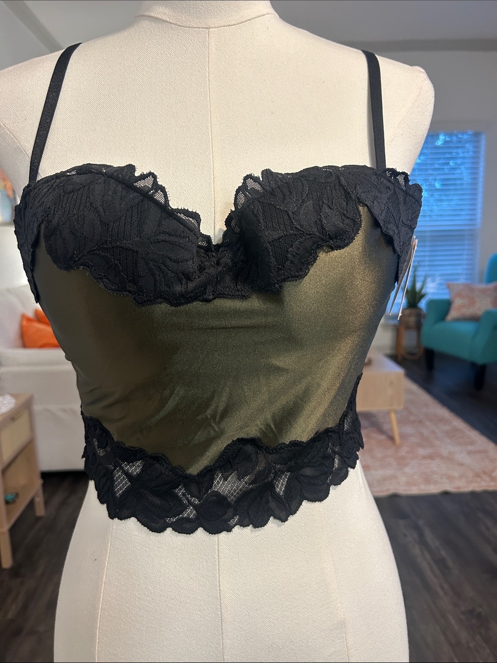 Satin Spandex Lace-Trim Bustier Crop Top - Black